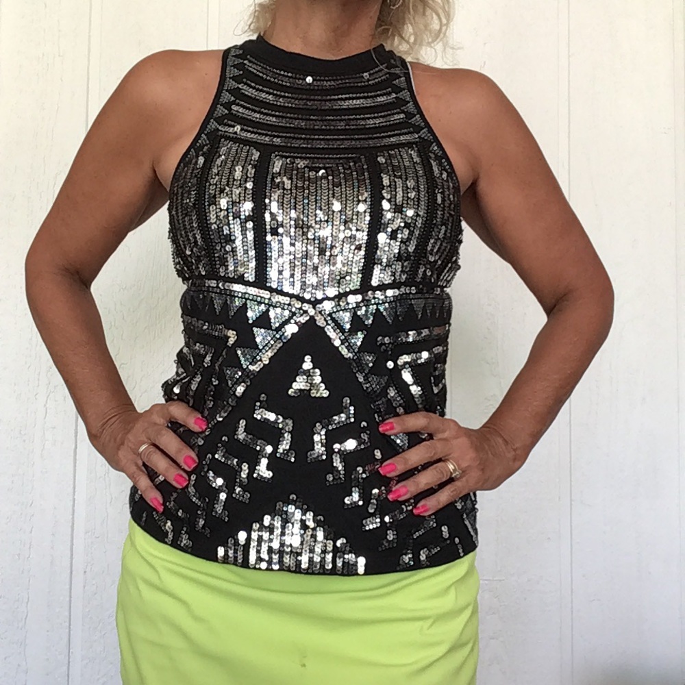 EXPRESS BLACK SEQUIN FRONT HALTER NECK TANK TOP… - Picture 3 of 12